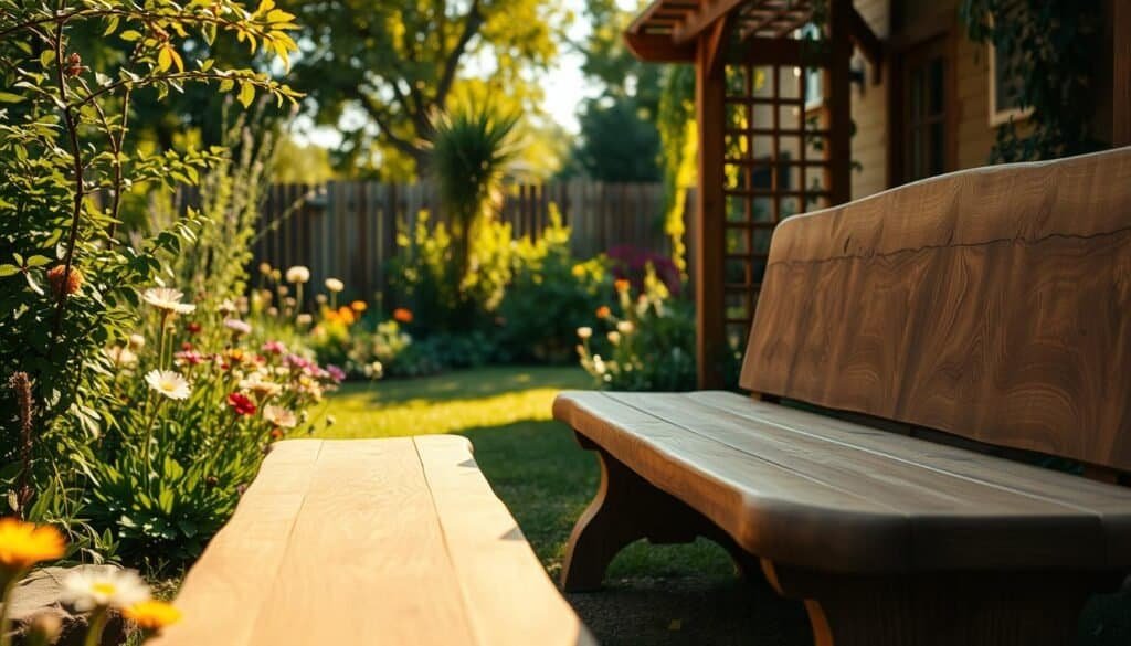 A serene backyard scene featuring rustic wooden benches nestled among lush greenery. In the foreground, two handcrafted benches made from weathered oak, showcasing intricate grain patterns and smooth, rounded edges, invite relaxation. The middle ground reveals a vibrant flower garden in full bloom, with colorful wildflowers adding pops of color, and soft sunlight filtering through the leaves, creating dappled shadows on the ground. In the background, a gentle wooden trellis adorned with climbing vines enhances the tranquil atmosphere. The image is bathed in warm, golden hour lighting, emphasizing the inviting texture of the wood and evoking a peaceful, contemplative mood. The perspective is slightly elevated, capturing the benches from a diagonal angle that draws the viewer’s eye into the serene space.