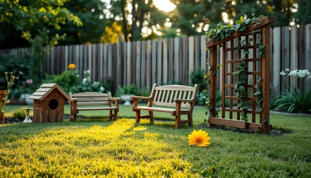 A serene backyard scene featuring small wooden structures, such as a cozy birdhouse, a charming bench, and a decorative trellis with climbing vines, positioned artfully. In the foreground, the intricately textured wood surfaces display natural grains and rustic finishes. The middle ground showcases lush greenery, flowering plants, and a soft lawn inviting relaxation. In the background, a faint silhouette of wooden fences gently encloses the space, surrounded by softly blurred trees. The scene is illuminated by warm, golden hour sunlight, casting gentle shadows and creating a tranquil, inviting atmosphere. The image is captured from a low angle to emphasize the details of the wooden structures and the harmony with nature, evoking a sense of connection and coziness.