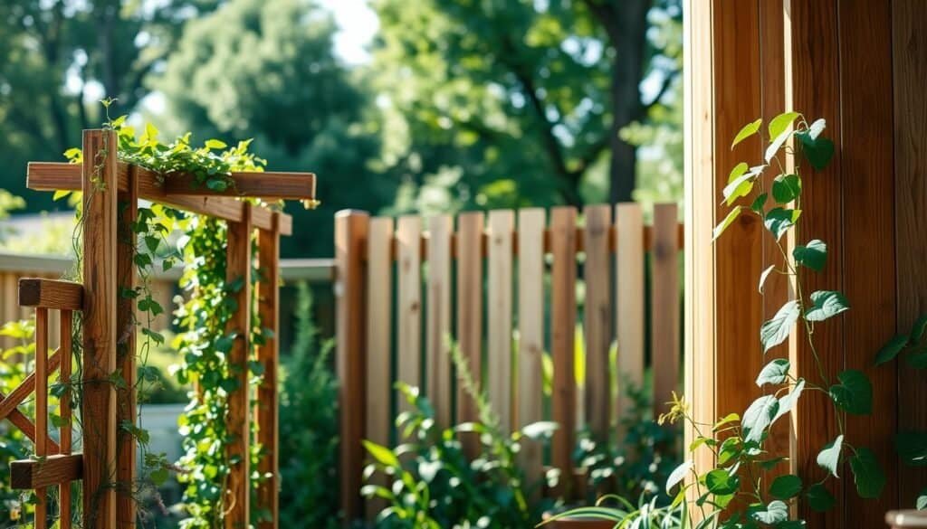 A serene backyard scene showcasing vertical wooden elements that draw the eye upwards, emphasizing the concept of growth. In the foreground, a series of rustic wooden trellises adorned with climbing plants like ivy and morning glories. The middle ground features tall, sturdy wooden posts with a rich, natural grain, possibly used for a vertical garden or fence, set against a backdrop of soft, lush greenery. The background is filled with blurred outlines of trees, creating a peaceful and tranquil atmosphere. Natural daylight filters through, casting gentle shadows that enhance the textures of the wood. The angle is slightly elevated, lending an inviting perspective to the communal outdoor space, evoking feelings of connection and revitalization. No people or text, just the beauty of vertical timber elements in a cozy backyard setting.