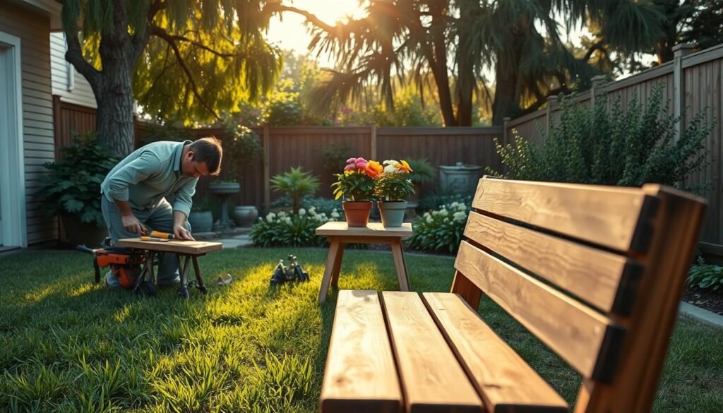 A serene backyard scene showcasing wood renovation at its finest. In the foreground, a skilled carpenter is working diligently on a rustic wooden bench, wearing a modest casual shirt and jeans. Tools are neatly arranged around him, emphasizing craftsmanship. In the middle, vibrant green grass frames the bench, while a small, weathered wooden table holds potted plants with colorful flowers, adding a touch of life. The background features a cozy garden with a mix of tall trees and sunlight filtering through their leaves, creating dappled shadows. Soft, golden-hour lighting casts a warm glow over the entire scene, evoking a sense of tranquility and connection to nature, perfect for reviving a neglected backyard.