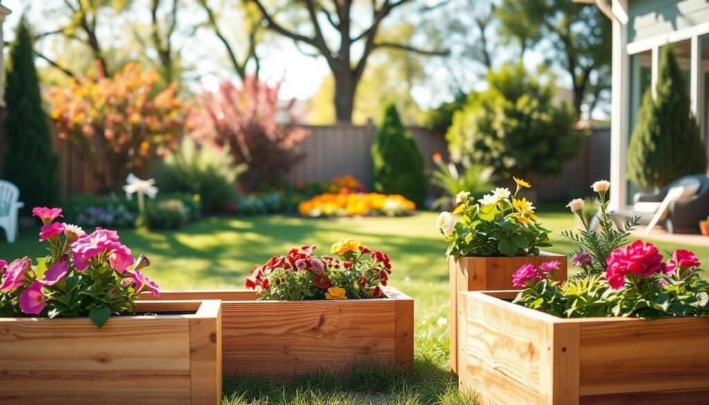 A serene backyard setting featuring beautifully crafted DIY wooden planter boxes in the foreground, filled with vibrant blooming flowers and lush green plants. Each planter box showcases unique wood grain textures and natural finishes, emphasizing craftsmanship and warmth. In the middle ground, a well-maintained garden with colorful flower beds and verdant grass creates a welcoming atmosphere. The background includes soft, blurred trees under a clear sky, allowing natural sunlight to filter through, enhancing the warm tones of the wood. The scene is captured with a shallow depth of field, ensuring the focus remains on the planter boxes. The mood is inviting and tranquil, perfect for illustrating a homely outdoor space. No people or text present in the image.