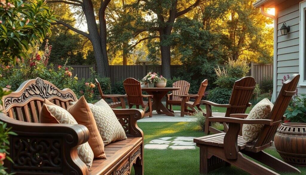 A serene backyard setting featuring charming wooden outdoor decor elements. In the foreground, a handcrafted wooden bench with intricate carvings, adorned with soft, patterned cushions in earthy tones. The middle ground includes a sturdy wooden table surrounded by rustic chairs, all showcasing skilled craftsmanship. Lush greenery surrounds the area, with flowering plants adding vibrant color. In the background, a soft golden light filters through the leaves of tall trees, casting gentle shadows, enhancing the tranquil atmosphere. Capture the scene from a low angle to emphasize the textures of the wood and the inviting nature of the space. The overall mood is peaceful and rejuvenating, inviting viewers to reconnect with nature in their outdoor haven.