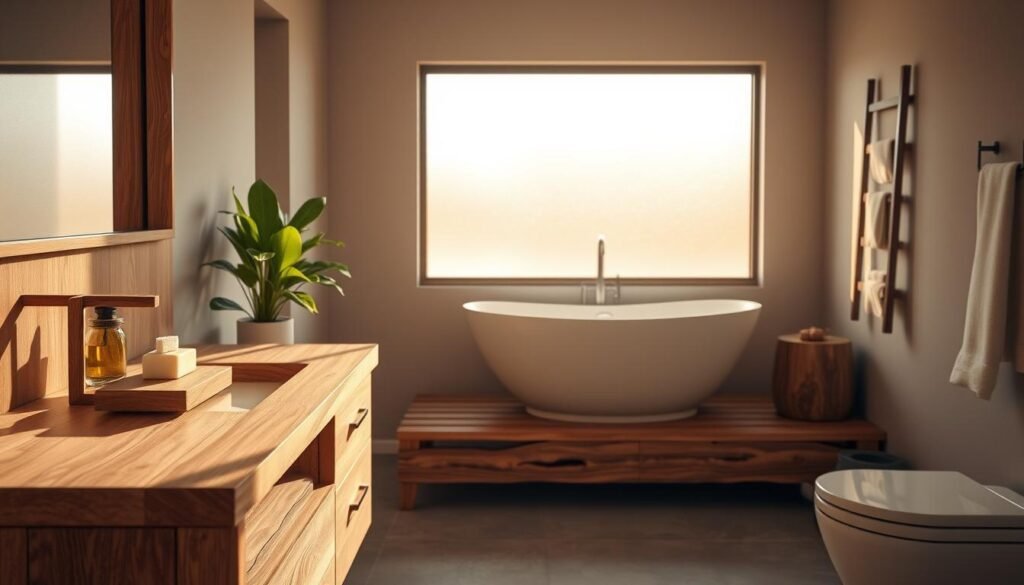 A serene bathroom featuring elegant wood elements, showcasing a wooden vanity with a smooth countertop, surrounded by soft, natural light filtering through a frosted window. The foreground includes a stylish wooden shelf displaying lush green plants and artisanal soaps. In the middle ground, a freestanding bathtub rests on a rustic wooden platform, inviting relaxation. The backdrop is softly painted in neutral tones, creating a warm atmosphere enhanced by the wooden accents. The lighting is soft and warm, with shadows adding depth, and the scene is captured from a slightly elevated angle, providing an inviting and cozy view of this tranquil oasis. The entire composition emphasizes harmony and comfort, embodying modern design principles with a touch of nature.