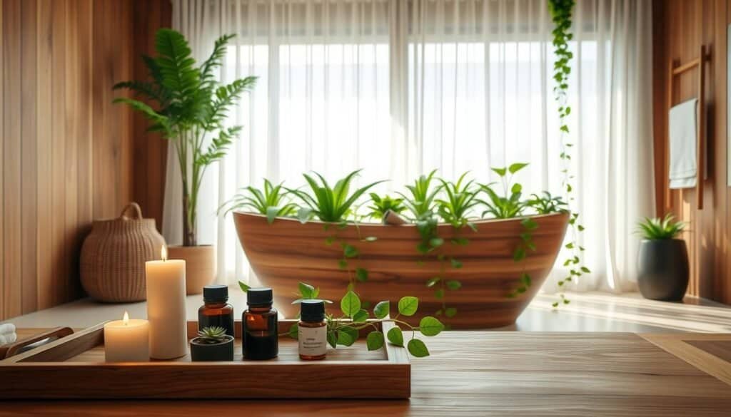 A serene bathroom oasis featuring warm wooden elements and lush greenery for a calming ambiance. In the foreground, a wooden bath tray holds aromatic candles, essential oils, and a small succulent plant, inviting relaxation. The middle section showcases a freestanding wooden bathtub surrounded by vibrant potted ferns and a trailing pothos vine cascading elegantly over the edge. The background reveals a large window with sheer curtains allowing soft, diffused natural light to flood the space, enhancing the tranquil mood. The walls are adorned with natural wood paneling, creating a harmonious blend between elegance and nature. Capture this scene from a slightly elevated angle for depth, highlighting the balance of minimalist decor and inviting comfort. The overall atmosphere is peaceful, conveying a spa-like retreat.