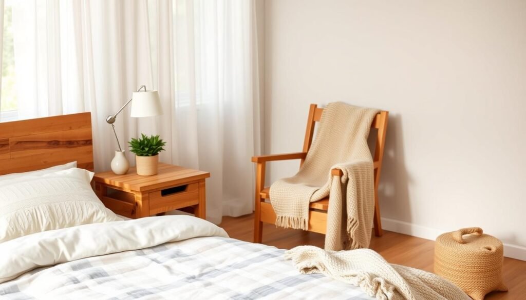 A serene bedroom featuring natural wood decor elements, showcasing a rustic wooden bed frame with soft, neutral-toned bedding. In the foreground, a handcrafted nightstand with a warm wood finish holds a stylish lamp and a small potted plant, adding a touch of greenery. In the middle, a cozy armchair made of reclaimed wood complements a textured woven blanket draped over it, inviting relaxation. The background shows a window with sheer curtains allowing soft, natural light to filter in, creating a tranquil and airy atmosphere. The overall mood is calm and inviting, emphasizing the harmony and warmth of natural wood in a balanced bedroom setting. Photographed with a soft-focus lens to enhance the peaceful ambiance, capturing the essence of comfort and style without any distractions or overlays.