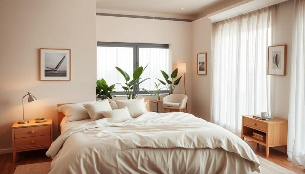 A serene bedroom retreat designed for tranquility, featuring a soft, neutral color palette with calming beige and light gray tones. In the foreground, a plush king-size bed adorned with light, natural linen bedding and scattered decorative pillows creates an inviting focal point. Two delicate wooden nightstands flank the bed, topped with minimalistic lamps providing warm ambient lighting. In the middle ground, a cozy reading nook with a comfortable armchair and small side table nestled by a large window letting in gentle, natural light. Lush houseplants add a touch of greenery, enhancing the peaceful atmosphere. In the background, light sheer curtains gently billow in the breeze, while soft artwork on the walls complements the decor. The scene evokes calmness and relaxation, ideal for a modern home.