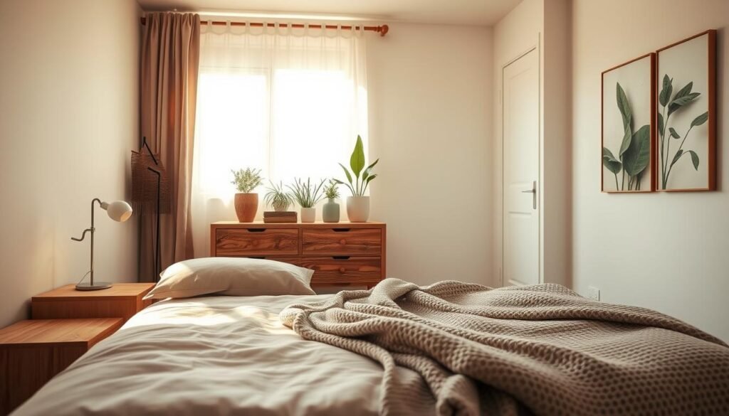 A serene bedroom scene exuding "bedroom energy," featuring soft, natural wood accents that invite tranquility. In the foreground, a cozy bed with muted, earth-tone bedding and a textured knit throw, flanked by minimalist wooden nightstands. The middle ground showcases a gently illuminated room, with warm light filtering through sheer curtains, illuminating a rustic wooden dresser adorned with potted greenery. In the background, a calming wall adorned with nature-inspired artwork enhances the atmosphere of relaxation. The scene captures a harmonious balance, emphasizing organic materials and soothing color palettes. Soft shadows and natural lighting create an inviting ambiance, evoking feelings of comfort and rejuvenation. Use a wide lens to capture the expansive feel of the room, focusing on inviting details that cultivate a restful energy.