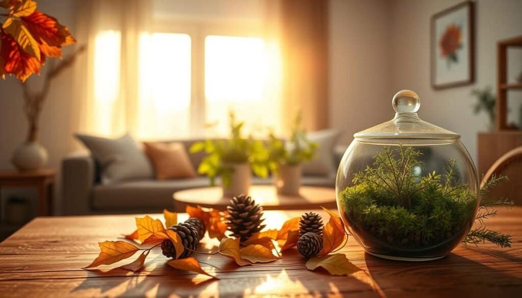 A serene composition featuring seasonal natural elements that evoke a sense of tranquility and renewal. In the foreground, a wooden table displays an arrangement of vibrant autumn leaves, fresh pinecones, and a small terrarium filled with lush green moss and tiny ferns. In the middle ground, a sun-drenched window adorned with sheer curtains allows warm, golden light to illuminate the scene, casting gentle shadows. Potted herbs, such as rosemary and thyme, rest nearby, enhancing the natural essence of the space. The background presents a softly blurred view of a cozy living room, accentuated by neutral-toned walls and natural wood accents, creating a harmonious atmosphere. Capture this scene in soft focus with warm lighting, suggesting comfort and rejuvenation, using a 50mm lens at a slight angle to highlight the textures and colors of the natural elements.