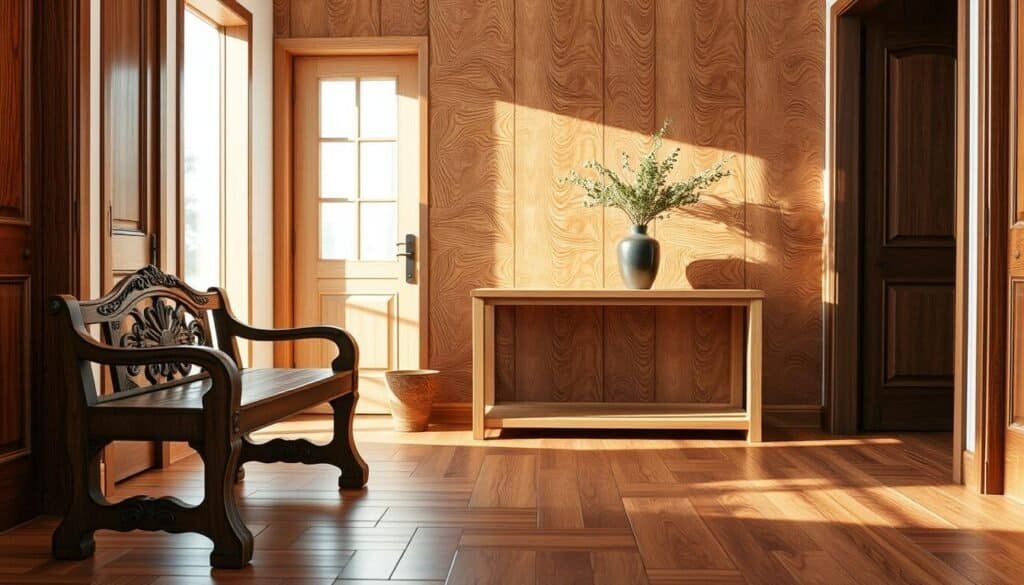 A serene entryway adorned with various types of wood accents, showcasing distinct finishes. In the foreground, a polished walnut bench with intricate carvings sits invitingly. The middle ground features a light oak console table, elegantly displayed with a minimalistic vase of greenery. Behind, a backdrop of textured cedar wood paneling enhances the warmth of the scene. Natural sunlight floods in through a nearby window, casting soft, diffused light that creates a tranquil atmosphere. The composition should be at eye level, emphasizing the beauty of the wood grains and the harmonious blend of colors. Aim for a cozy, inviting ambiance that emphasizes the calming effect of wood in interior design.