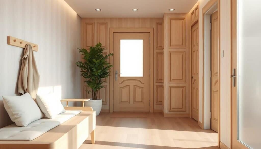 A serene entryway design featuring gentle wood accents, showcasing a warm, inviting atmosphere. In the foreground, a smooth, light oak bench with soft cushions invites relaxation, adorned with a minimalist wooden coat rack holding a stylish jacket. The middle section reveals an elegantly designed wall with intricate wood paneling in light shades, complemented by soft, diffused natural light streaming in through a frosted glass door. Behind it, a lush indoor plant adds a touch of greenery, creating a tranquil ambiance. The scene captures a harmonious blend of subtle colors and textures, emphasizing comfort and simplicity. The lighting is soft and warm, enhancing the inviting nature of the space, with a wide-angle lens perspective to capture the entire entryway in an inviting, spacious feel.