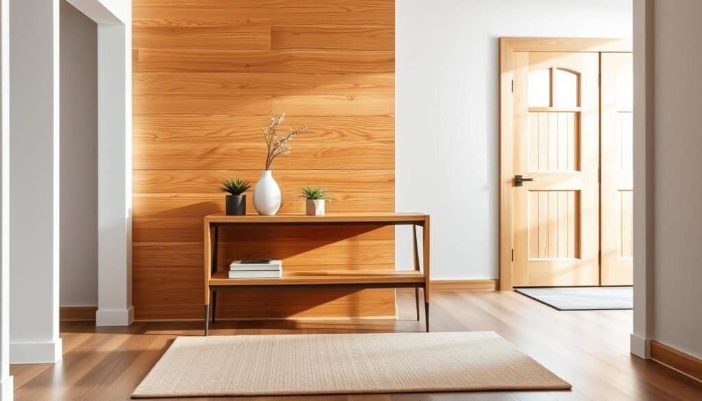 A serene entryway featuring a gently lit, modern space with a warm wood accent wall. In the foreground, showcase a stylish wooden console table adorned with small potted plants and a minimalist vase. The middle layer should include a plush area rug in natural tones, positioned beneath the table. The background reveals an inviting wooden front door with subtle textures and a glimpse of light filtering through a nearby window, casting soft shadows. The atmosphere is tranquil, emphasizing a blend of rustic and modern aesthetics with smooth lines and earthy colors. Use soft, diffused lighting to create a calming mood, with a focus on the natural beauty of the wood. No people in the image.