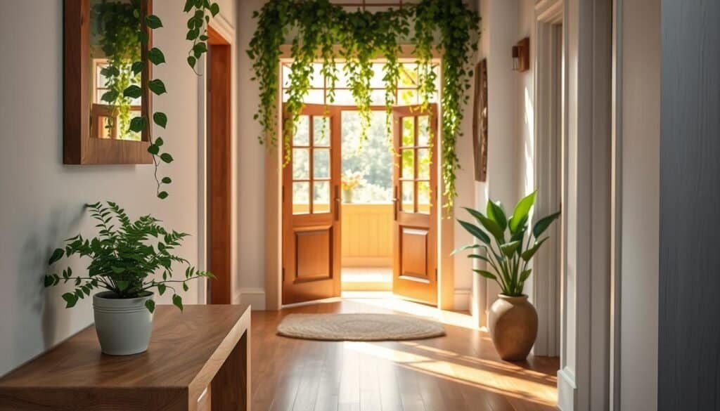 A serene entryway featuring lush green plants and polished wooden elements. In the foreground, a small, potted fern rests on a natural wood console table, elegantly textured and slightly rustic. In the middle, a sunlit doorway opens to reveal a warm wooden floor, adorned with a subtle woven rug. Throughout, cascading vines hang gracefully from above, adding a fresh touch. The background showcases soft, diffused sunlight filtering through a window, casting gentle shadows that enhance the calming atmosphere. The scene conveys tranquility, with a focus on natural elements and muted earthy tones. Use a wide-angle lens to capture depth, emphasizing the inviting nature of this peaceful entryway.