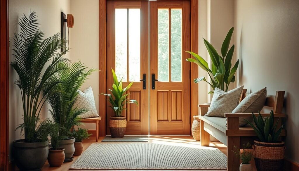 A serene entryway that beautifully blends warm wood accents with lush greenery. In the foreground, a rustic wooden bench adorned with soft, textured cushions. Potted plants of various sizes, including tall ferns and smaller succulents, are positioned on either side, creating a harmonious balance. The middle ground features an elegant wooden door with a large glass panel allowing soft, natural light to filter through, casting gentle shadows. On the floor, a woven rug adds warmth and texture, complementing the wood. In the background, a soft, muted color palette of calming greens and earthy browns enhances the tranquil atmosphere. The scene is illuminated by warm, diffused lighting, creating a cozy and inviting mood. Captured from a slightly elevated angle to capture the essence of serenity and balance in the space.