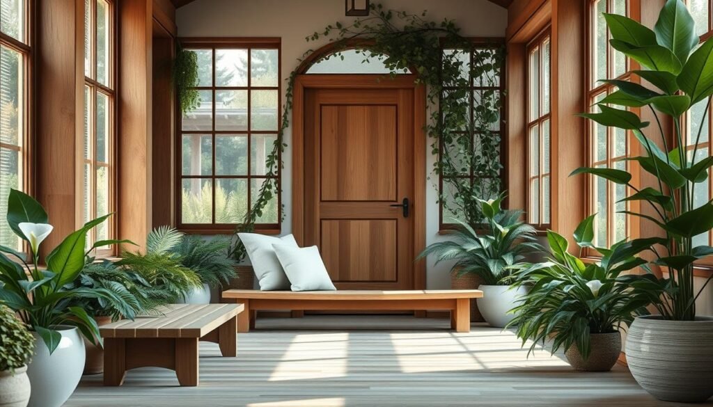 A serene entryway with a blend of soft wooden elements and lush greenery, evoking a peaceful Zen atmosphere. In the foreground, a smooth wooden bench adorned with soft cushions invites relaxation. Potted plants with varied shades of green—such as ferns and peace lilies—flank the entryway, creating a sense of tranquility. The middle of the scene features a wooden door with a simple yet elegant design, framed by a subtle arch covered in climbing vines. In the background, a soft, filtered light streams in through large windows, casting gentle shadows and highlighting the textures of the wood and foliage. The overall mood is calming and inviting, ideal for meditation or a reflective moment. Use natural lighting reminiscent of an early morning glow, and consider an eye-level angle to engage viewers effectively.