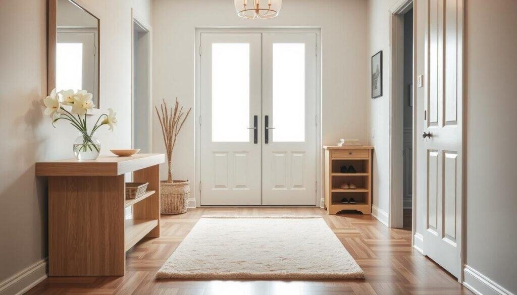 A serene entryway with neutral décor reflecting modern design elements. In the foreground, a stylish console table made of light oak, elegantly adorned with a small vase of fresh white lilies and a minimalist wall mirror above it. The middle ground showcases a plush, soft beige runner mat leading to a pair of simple, earthy-toned shoe storage cabinets. In the background, a welcoming entry door with frosted glass panels allows natural light to flood in, creating a warm ambiance. Soft, diffused lighting enhances the calm atmosphere, highlighting the textures of the wooden elements. The scene captures a harmonious blend of functionality and aesthetics, inviting tranquility and freshness as a first impression.