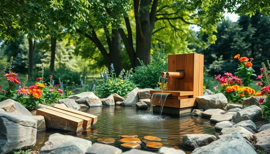 A serene garden scene featuring a beautifully crafted DIY wooden fountain as the centerpiece, surrounded by lush greenery and colorful flowers. In the foreground, detailed wooden planks and rustic stones frame the fountain, showing the craftsmanship of woodworking. The middle section showcases gentle water flowing from the fountain, creating soft ripples on the surface of a small pond below. In the background, tall trees provide dappled sunlight filtering through leaves, casting playful shadows. Use soft, natural lighting to evoke a tranquil atmosphere. Capture the image from a slightly elevated angle to emphasize the flowing water and the wood textures, conveying a peaceful retreat perfect for outdoor relaxation.