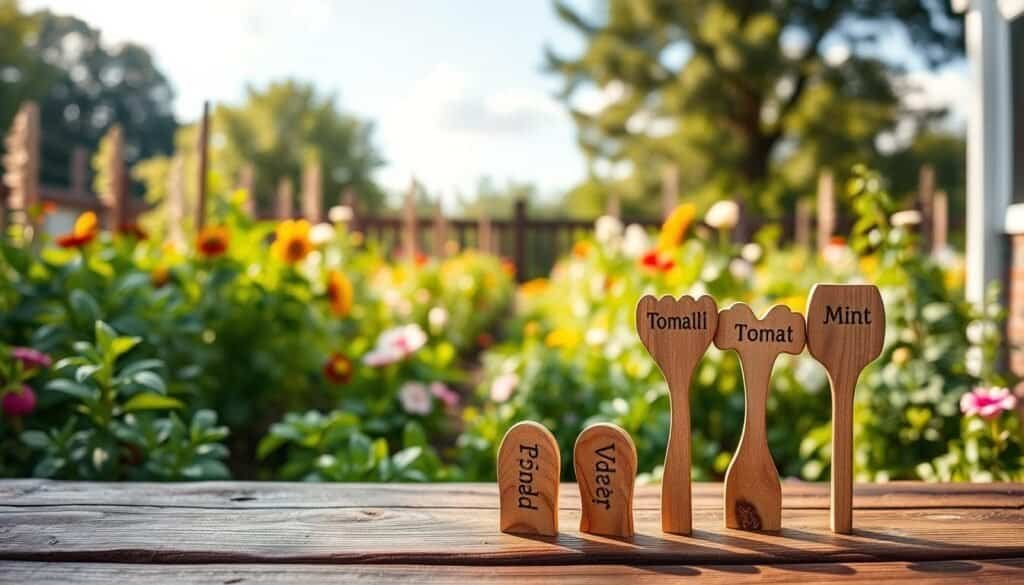 A serene garden scene featuring a set of beautifully crafted wooden garden markers, each uniquely shaped and etched with plant names like "Basil," "Tomato," and "Mint." In the foreground, the markers are artfully arranged on a rustic wooden table, showing the grains and knots of the wood. The middle ground reveals a lush garden filled with vibrant green plants and blooming flowers, softly blurred for depth. The background captures a gently lit sunny day, with a few wispy clouds and the soft glow of afternoon sunlight filtering through nearby trees. The mood is calm and inviting, encouraging a sense of creativity and connection with nature. The image is taken with a shallow depth of field to emphasize the markers, enhancing their rustic charm.