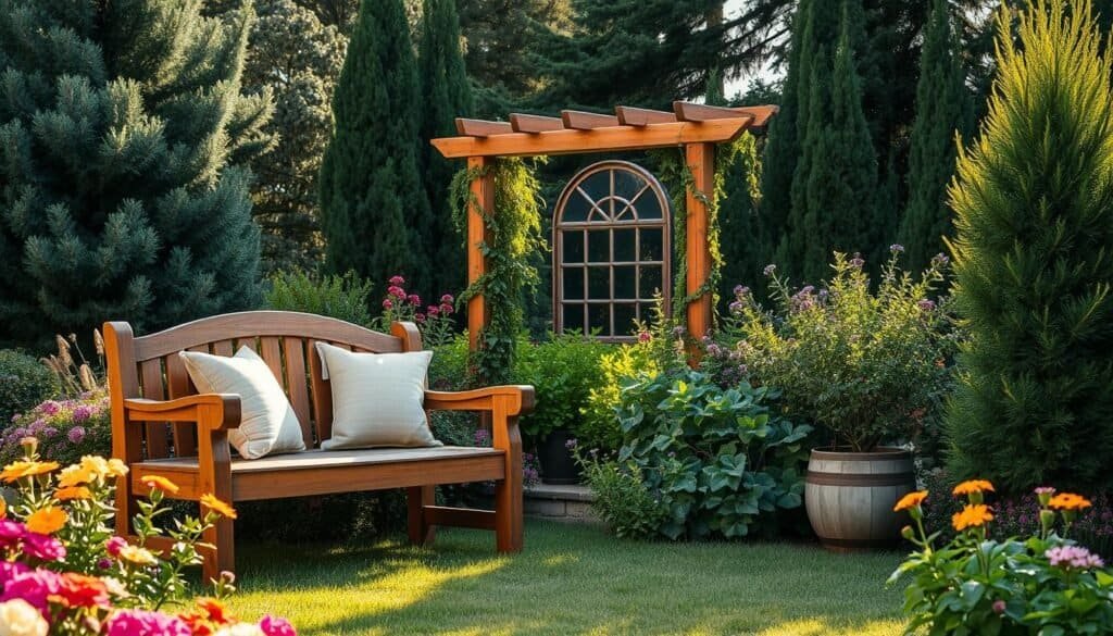 A serene garden scene featuring a variety of rustic wooden accents. In the foreground, showcase a handcrafted wooden bench adorned with soft cushions, surrounded by vibrant flowers in full bloom, creating a welcoming atmosphere. The middle ground displays a wooden trellis with climbing vines, enhancing the garden's vertical space. In the background, tall evergreen trees frame the scene, casting gentle dappled sunlight across the lush greenery. Capture the image in warm, natural lighting that reflects a late afternoon glow, using a slightly elevated angle to emphasize depth and dimension. The mood should be tranquil and inviting, perfect for revitalizing any quiet garden space.