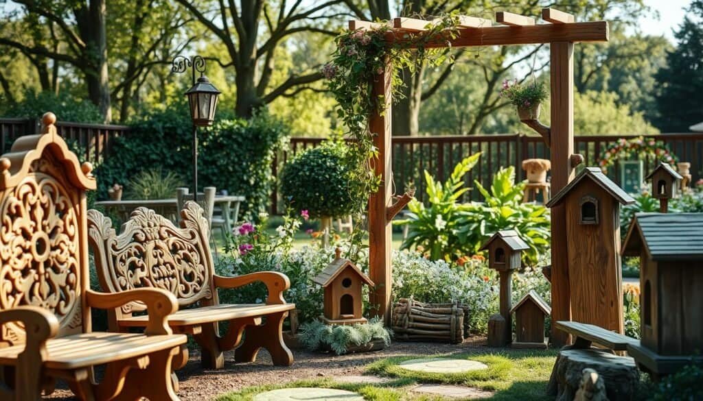 A serene garden scene featuring various decorative wooden elements that serve as conversation pieces. Foreground includes intricately carved wooden benches and playful birdhouses, each showcasing unique designs and textures. The middle ground features a rustic wooden trellis adorned with climbing vines and flowers, enhancing the natural ambience. In the background, glimpses of lush greenery and soft flower beds create a tranquil atmosphere. Soft, natural lighting filters through the trees, casting gentle shadows, while a slightly blurred depth of field emphasizes the wooden accents. The overall mood is inviting and harmonious, perfect for inspiring creativity and appreciation in garden design.