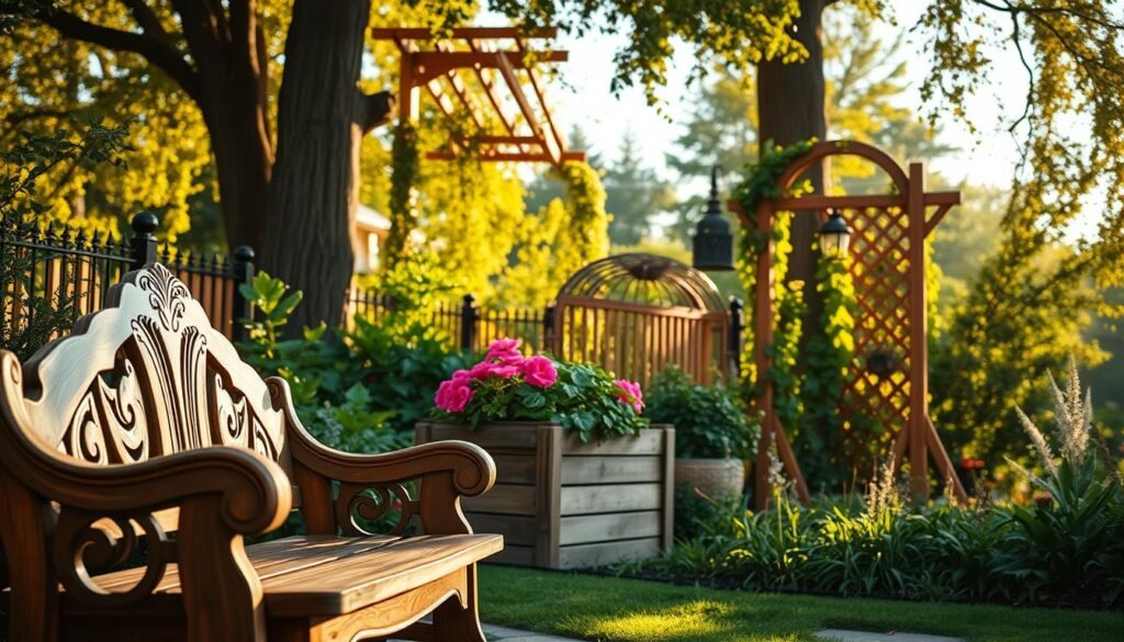 A serene garden scene showcasing beautiful functional wooden elements. In the foreground, a rustic wooden bench with intricate carvings invites visitors to sit and enjoy nature. The middle ground features a stylish wooden planter overflowing with vibrant flowers, while a decorative wooden trellis supports climbing vines. In the background, tall trees with dappled sunlight filtering through their leaves create a tranquil atmosphere. The scene is bathed in warm, golden hour light, casting soft shadows and enhancing the rich textures of the wood. Capture the image from a slightly elevated angle to emphasize depth and detail, evoking a peaceful and inviting mood, perfect for adding character to any outdoor space.