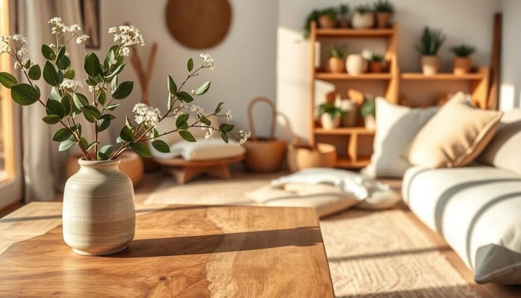 A serene home interior featuring an array of natural materials for decor. In the foreground, showcase a beautifully crafted wooden table adorned with a simple ceramic vase filled with fresh green leaves and delicate white flowers. In the middle ground, include soft textures like a woven jute rug and linen throw pillows in muted earth tones. The background should reveal a cozy corner with a natural wood shelf displaying handmade pottery and plants. The lighting should be warm and soft, reminiscent of late afternoon sunlight, casting gentle shadows that enhance the tranquility of the scene. The angle should evoke a sense of calm, inviting the viewer to immerse themselves in the soothing atmosphere of nature-inspired decor.