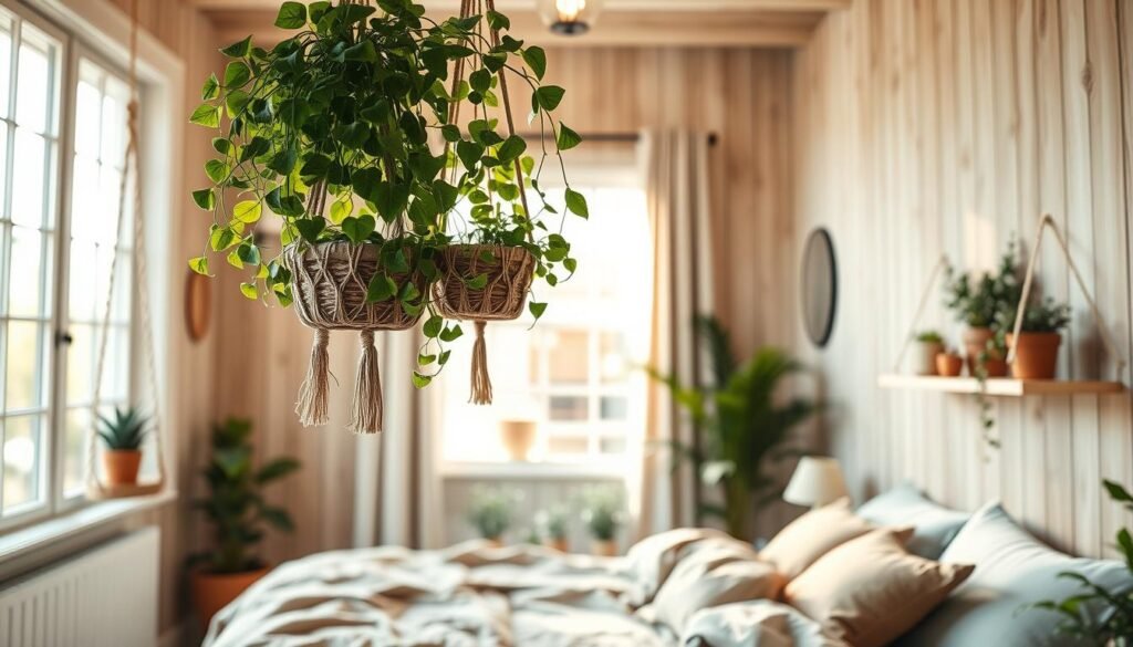 A serene indoor bedroom featuring a hanging garden, where lush green plants dangle gracefully from macramé hangers attached to the ceiling. In the foreground, soft wooden shelves display vibrant succulents and small potted herbs, enhancing the natural vibe. The middle ground highlights a cozy bed adorned with soft linens in earthy tones, with a large window allowing warm, filtered sunlight to pour in, creating a tranquil ambiance. In the background, light wooden paneling complements the greenery, evoking a sense of calm and connection to nature. The atmosphere is peaceful and rejuvenating, ideal for a personal sanctuary. Use natural lighting with a soft focus effect for a dreamy look. Ensure the scene feels harmonious and inviting, promoting relaxation.