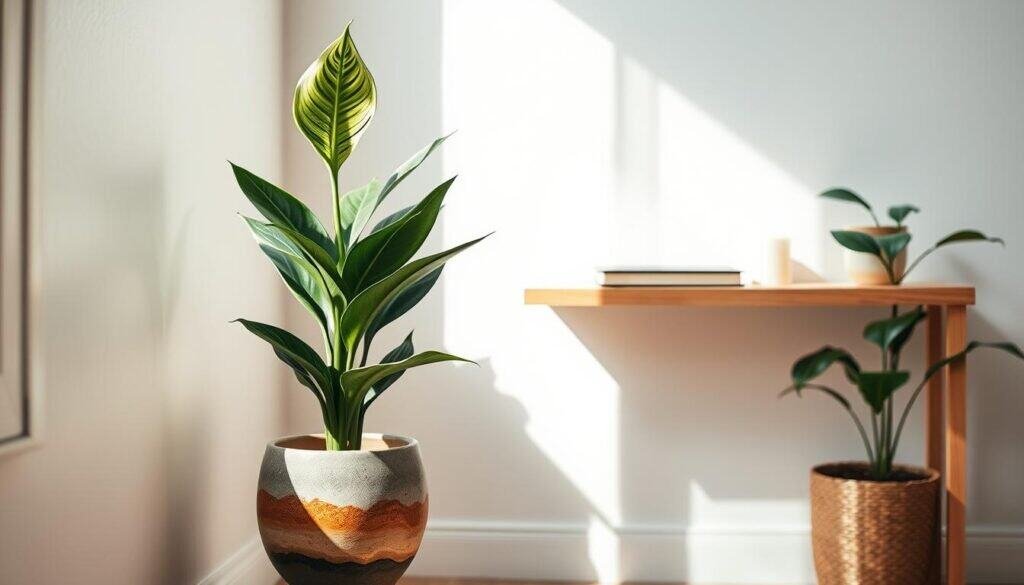 A serene indoor corner featuring a single, beautifully potted plant that embodies tranquility, such as a lush peace lily or a sculptural snake plant. In the foreground, the plant stands proudly in a handcrafted ceramic planter with earthy tones, showcasing intricate textures. The middle background features a softly lit, minimalistic wooden shelf adorned with small, meaningful decorative objects like a journal and a candle, enhancing the sense of calm. The overall ambiance is filled with bright, natural sunlight streaming through a nearby window, casting gentle shadows and creating a warm atmosphere. The scene captures a grounded, comforting mood that invites relaxation and reflection, with an airy, well-lit setting that feels like a peaceful sanctuary.