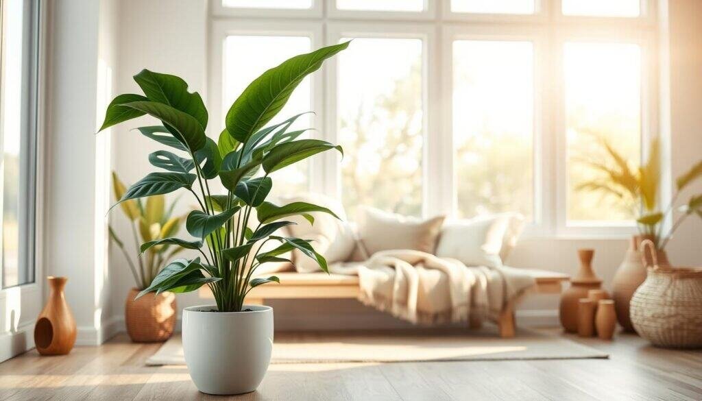 A serene indoor garden design featuring a single, perfectly potted plant as the focal point. In the foreground, a sleek, minimalist pot holds a lush, green monstera or peace lily, its leaves gracefully arching. The middle layer includes a light wooden bench adorned with a cozy throw blanket, complemented by soft pillows. In the background, large windows allow warm, soft sunlight to stream in, highlighting the vibrant greenery while casting gentle shadows on the light-colored walls. The atmosphere is tranquil and inviting, evoking a sense of calm and grounding. The scene is styled with subtle home décor accents, such as natural wood sculptures or woven baskets, all arranged in harmony to create an airy and well-lit space.
