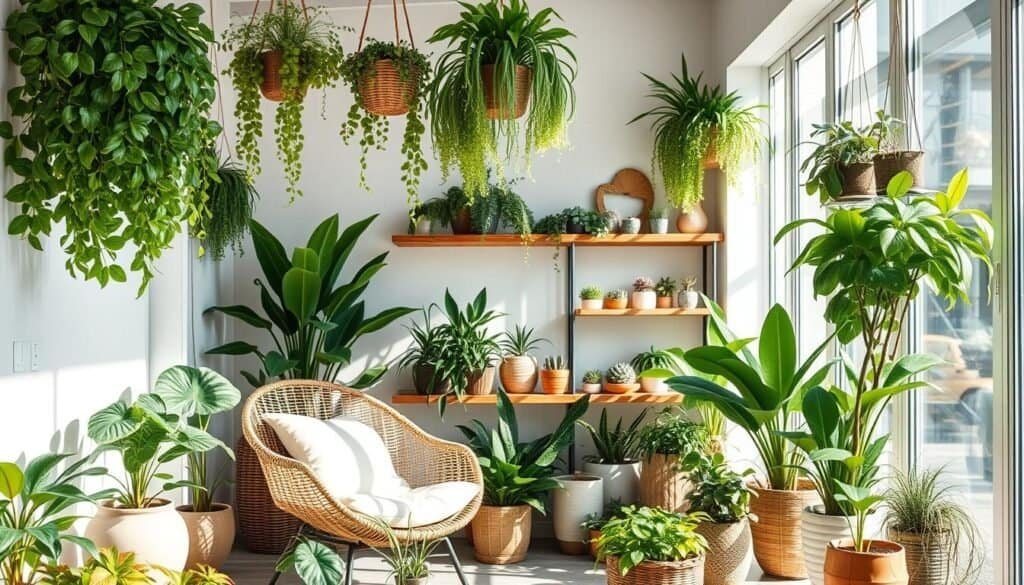 A serene indoor garden setup that beautifully showcases various plant decor ideas, emphasizing strategic plant placement. In the foreground, a cozy seating area with a stylish wicker chair adorned with soft cushions, surrounded by a variety of lush green plants in elegant pots. The middle layer features a collection of hanging plants cascading from the ceiling, creating an inviting atmosphere. In the background, large windows allow bright natural light to flood the space, highlighting a wooden shelf filled with curated succulents and decorative artisanal items. The overall mood is tranquil and rejuvenating, with soft sunlight casting gentle shadows that enhance the textures of the plants and decor. The image should capture the essence of harmonious indoor living, with an airy feeling of space. No text or branding.
