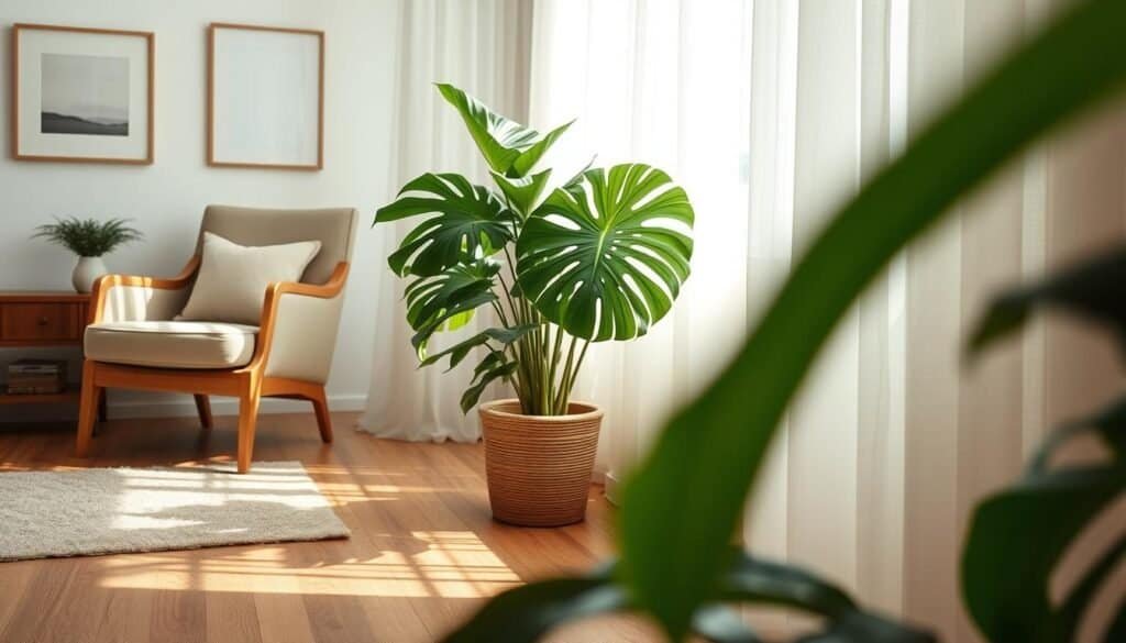 A serene indoor plant corner featuring a lush, green potted monstera plant as the focal point, positioned beside a cozy armchair. The foreground shows textured wooden flooring and a soft, earthy-toned area rug. In the middle, the monstera's large, vibrant leaves create a sense of calm, while delicate sunlight filters through sheer, white curtains, casting soft shadows. The background includes a light-colored wall adorned with minimalistic artwork, enhancing the peaceful atmosphere. The scene is bathed in soft natural light, evoking a tranquil and grounded ambiance. The composition should suggest an inviting and zen-like space, encouraging relaxation and contentment. Capture this scene from a slightly elevated angle to emphasize the plant's beauty and the harmony of the corner.