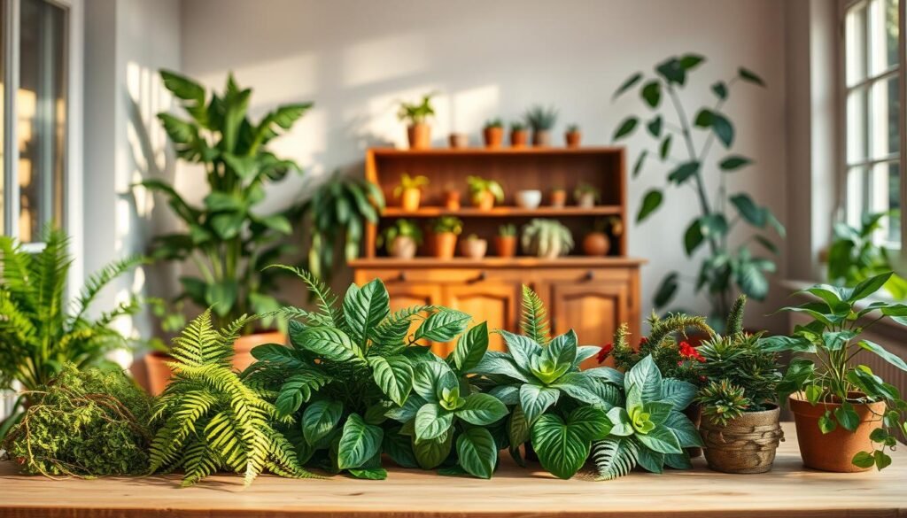 A serene indoor scene depicting a cozy home sanctuary filled with lush greenery. In the foreground, a variety of healthy indoor plants, such as ferns, pothos, and succulents, are arranged on a soft wooden table, showcasing their vibrant leaves and textures. The middle of the image features a warm, rustic wooden cabinet adorned with small ceramic pots, creating a harmonious blend of nature and craftsmanship. The background reveals a softly lit room with natural light filtering through large windows, casting gentle shadows and highlighting the tranquility of the space. Use warm, inviting colors to evoke calmness and relaxation, while capturing the peaceful atmosphere of maintaining a green oasis indoors. The lens should focus on the plants with a shallow depth of field to enhance their details and richness.