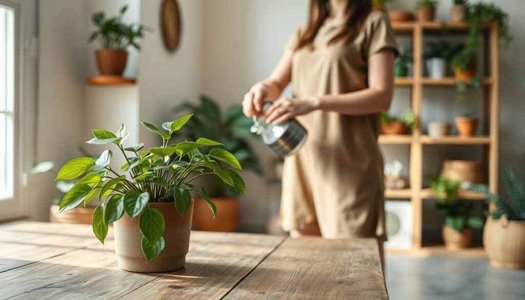 A serene indoor scene featuring a person engaged in mindful plant care. In the foreground, a neatly potted houseplant with vibrant green leaves sits atop a rustic wooden table. A soft, natural light filters through a nearby window, casting gentle shadows and creating a warm, inviting atmosphere. In the middle ground, the person, dressed in modest casual clothing, is tenderly watering the plant, embodying a state of calm and focus. The background includes softly blurred shelves filled with various plants and natural décor items, enhancing the feeling of a peaceful, grounded space. The composition emphasizes tranquility, with a soft color palette of earth tones and greens, creating a nurturing environment that promotes mindfulness and connection to nature.
