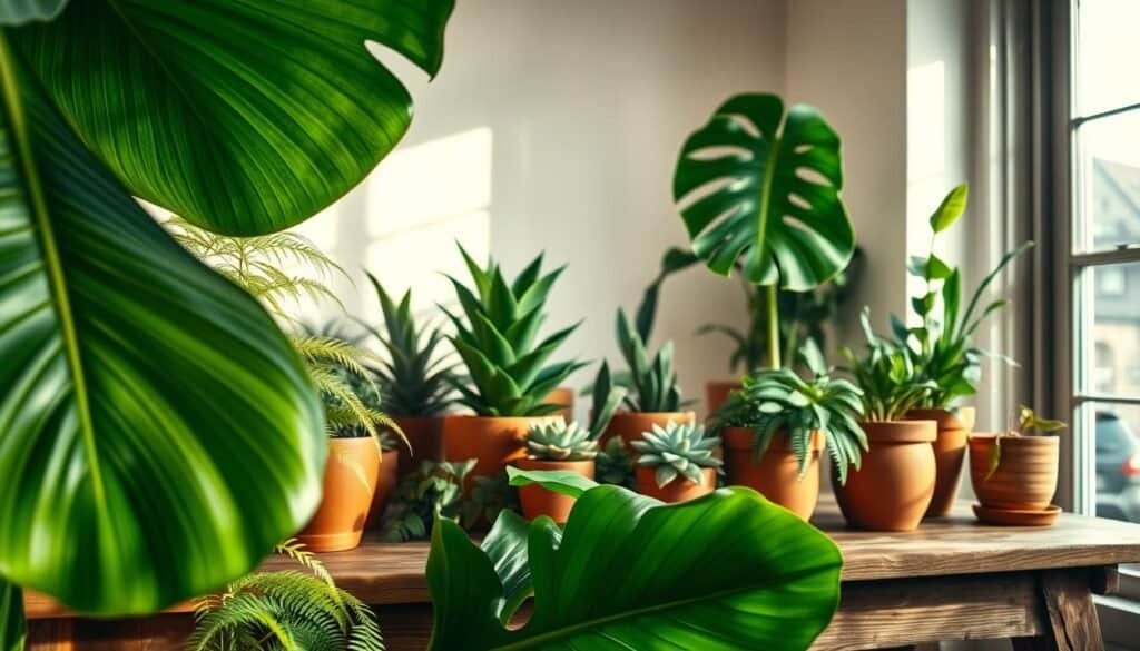 A serene indoor scene featuring a tranquil arrangement of various lush green plants in elegant terracotta pots. In the foreground, a vibrant monstera leaf showcases its intricate patterns, with delicate ferns cascading gently beside it. The middle ground includes a symphony of different plant heights, including a tall fiddle leaf fig and smaller succulents, all arranged harmoniously on a rustic wooden table. In the background, soft natural light streams through a large window, casting gentle shadows and creating a warm, inviting atmosphere. The overall mood radiates calm and grounding energy, perfect for inspiring a peaceful corner in any home. Focus on capturing the textures of the leaves and the warm tones of the light for an immersive visual experience. Aim for a slightly elevated angle to encompass the entire arrangement.