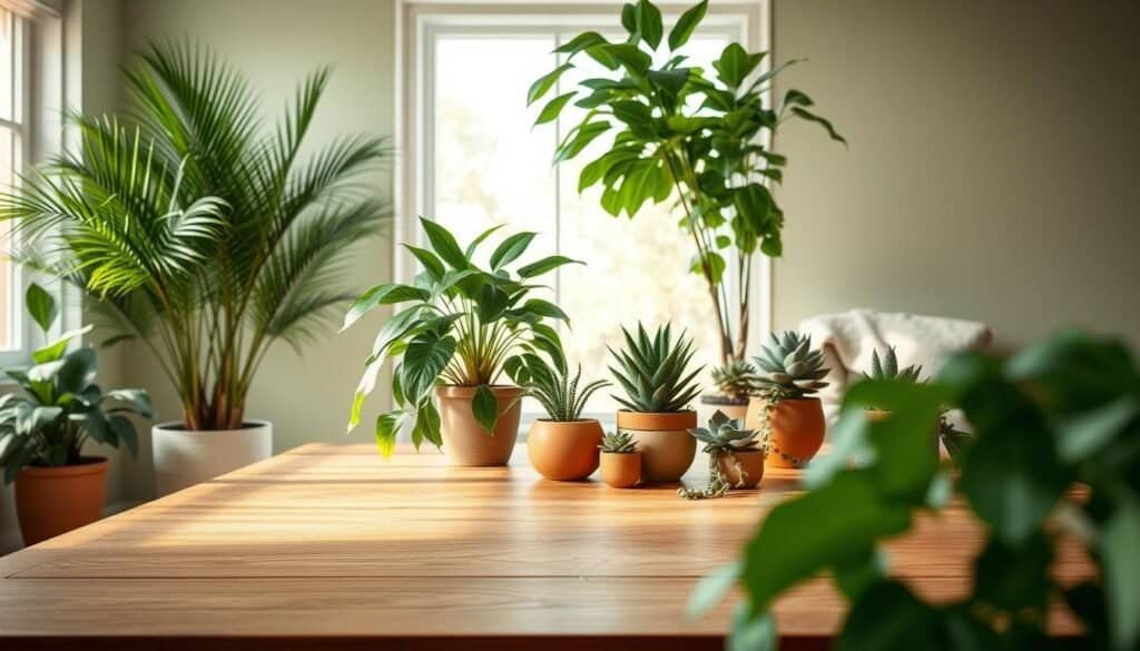 A serene indoor scene featuring a variety of lush greenery, including tall potted palms, trailing philodendrons, and compact succulents arranged artfully on a soft wooden table. In the foreground, focus on the rich textures of the wood, emphasizing the organic grain. In the middle ground, include a large, bright window allowing soft, diffused natural light to illuminate the foliage, creating a peaceful atmosphere. The background should feature a calming wall color in gentle greens or warm neutrals, enhancing the sense of tranquility. Add details like a small ceramic pot and a cozy throw blanket on the table, contributing to a homely feel. The overall mood should evoke relaxation and serenity, perfect for promoting a nature-inspired calmness.