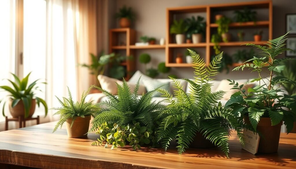 A serene indoor scene showcasing a calm environment, featuring a collection of lush green plants of various sizes, including ferns and succulents, arranged gracefully on a natural wooden table. The table should have rich, warm hues, highlighting the grain of the wood. In the background, softly illuminated by warm, diffused sunlight filtering through sheer curtains, you can see a cozy living space with wooden shelving displaying more greenery. Subtle shadows play across the surfaces, enhancing the peaceful atmosphere. Use a soft-focus lens effect to create a dreamy quality. The overall mood is tranquil and inviting, emphasizing the natural connection between plants and wood.