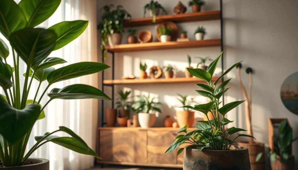 A serene indoor scene showcasing the harmonious pairing of lush, vibrant plants and beautifully crafted wooden decor. In the foreground, a well-maintained plant with glossy green leaves sits in a rustic wooden pot. The middle section features a stylish wooden shelf displaying an array of potted plants, harmonizing with intricate wooden sculptures and natural textures. In the background, soft daylight filters through sheer curtains, casting gentle shadows across a warm, inviting room. The atmosphere is calm and rejuvenating, emphasizing the beauty of nature within home interiors. Capture the image with a soft focus, using a slightly elevated angle to convey depth and warmth.