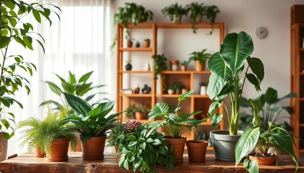 A serene indoor setting featuring a harmonious blend of lush green plants and warm wooden accents. In the foreground, a variety of potted plants—such as ferns, succulents, and a tall fiddle leaf fig—are arranged on a rustic wooden table, showcasing their vibrant leaves. The middle ground includes a beautiful, handcrafted wooden shelving unit adorned with small decorative items and several more plants cascading over the edges. The background features a softly lit window with sheer curtains allowing natural light to flood the space, creating a warm and inviting atmosphere. The overall mood is tranquil and soothing, suggesting a perfect balance of nature and craftsmanship. Use soft focus and warm tones to enhance the cozy ambiance of the indoor harmony.