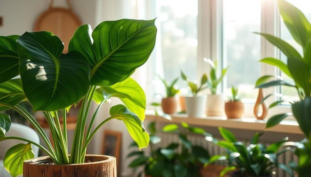 A serene indoor setting featuring a variety of lush houseplants in a beautifully arranged home environment. In the foreground, a vibrant monstera plant with large, glossy leaves sits in a rustic wooden pot, showcasing its intricate leaf patterns. In the middle ground, a collection of smaller plants, including a peace lily and a snake plant, is artfully displayed on a light-colored wooden shelf, complemented by natural light pouring in through a large window. The background reveals softly blurred elements of cozy home décor, such as a woven basket and a small decorative wooden sculpture, bathed in gentle, warm sunlight. The atmosphere is tranquil and rejuvenating, promoting a sense of balance and harmony. This image captures the essence of plant care and the nurturing environment they create.