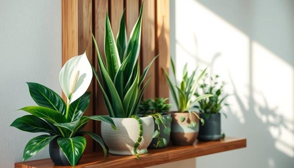 A serene indoor setting featuring various energy-clearing plants arranged elegantly on a wooden shelf. In the foreground, prominently display a vibrant peace lily with glossy leaves and pure white blooms, accompanied by a tall snake plant with its striking vertical green stripes. In the middle ground, include a calming jade plant in a textured ceramic pot, alongside a small pot of rosemary for a hint of green. The background should showcase softly lit, natural wood elements and a neutral-toned wall accentuating the plants' foliage. Gentle sunlight filters through a window, casting warm, inviting shadows that create a peaceful atmosphere. The composition should feel harmonious and refreshing, evoking a sense of balance and tranquility ideal for an energized home environment.