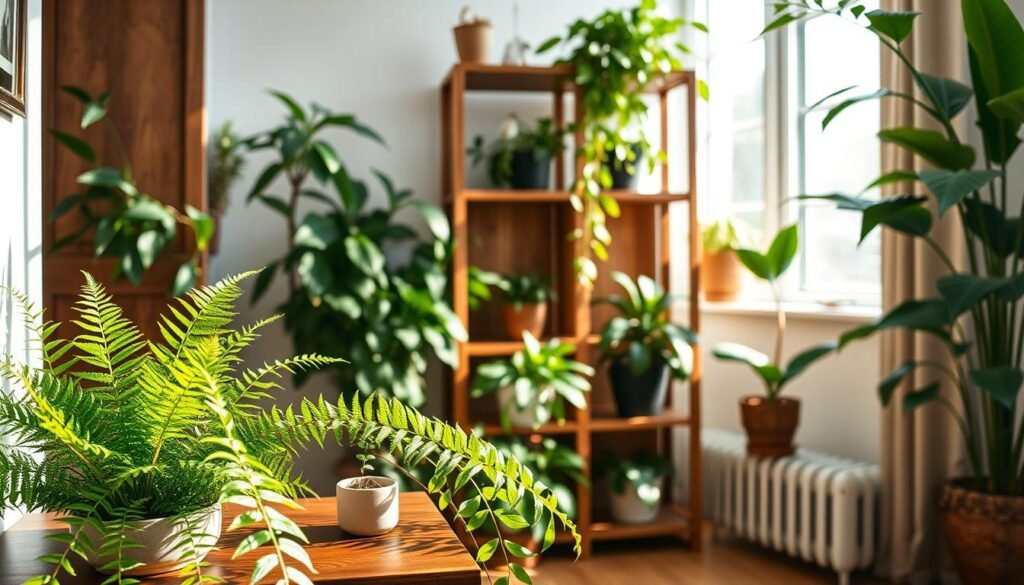 A serene indoor setting showcasing a harmonious pairing of lush green plants and warm wooden accents. In the foreground, a vibrant potted fern rests beside a polished walnut side table, adorned with a small ceramic pot containing a delicate succulent. The middle ground features an elegant, rustic wooden shelving unit filled with various plants, including a cascading pothos and a flowering peace lily, creating a calming yet inviting atmosphere. In the background, soft natural light filters through a large window, enhancing the warm tones of the wood and leaves. The overall mood is tranquil and rejuvenating, ideal for relaxation and connection with nature. Soft shadows and gentle lighting highlight the textures of the wood and foliage, evoking a sense of peace and well-being.