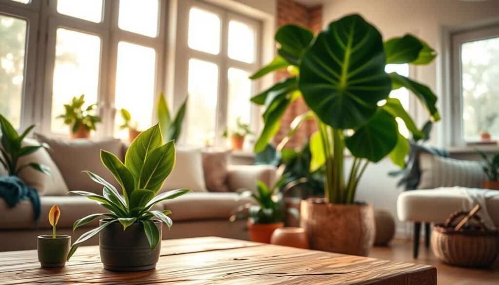 A serene indoor setting showcasing a variety of lush, vibrant houseplants arranged artfully in a cozy living room. In the foreground, a small potted snake plant and a delicate peace lily sit atop a rustic wooden coffee table, bringing warmth and life to the space. The middle ground features a large, leafy fiddle leaf fig gently illuminated by soft, natural light filtering through large windows, creating a tranquil atmosphere. In the background, subtle hints of a calming, neutral-color palette in the walls and furnishings evoke a sense of wellness and harmony. The overall mood is peaceful and rejuvenating, emphasizing the health and wellness benefits of indoor plants. The scene is captured with a wide-angle lens, accentuating the depth and inviting nature of the space, bathed in warm afternoon light.