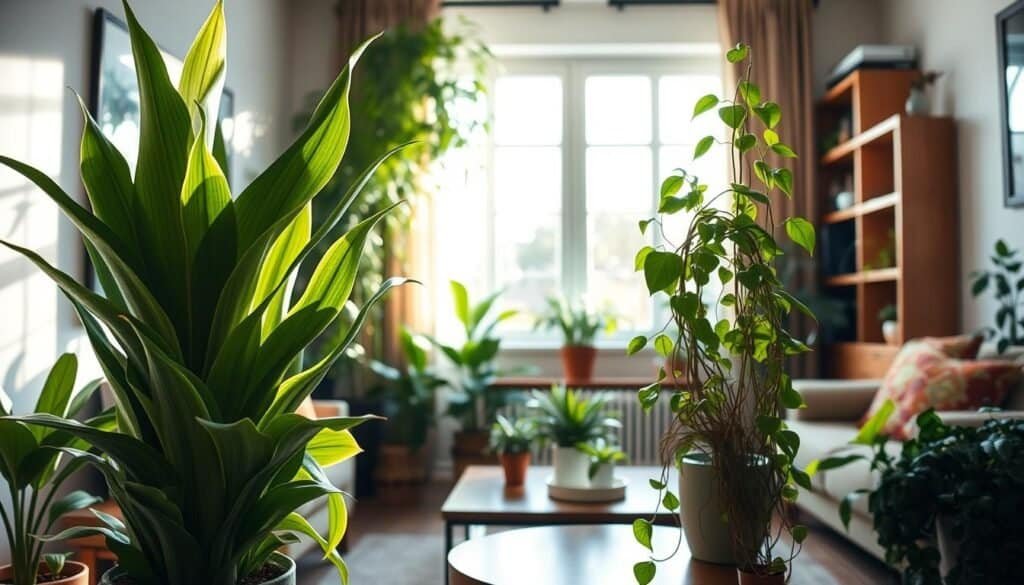 A serene indoor setting showcasing a variety of lush, vibrant houseplants strategically placed around a cozy room. In the foreground, a tall, leafy snake plant emanates a sense of renewal, while a flourishing pothos trail down from a stylish shelf. In the middle, soft natural light filters through a large window, illuminating the plants and enhancing their rich green hues. The background features warm wooden elements, such as a polished coffee table and a rustic bookshelf, suggesting harmonious energy within the space. The atmosphere is peaceful and inviting, evoking the idea of rejuvenation and positive energy. The angle is slightly tilted downward, capturing the interplay of light and shadows, emphasizing the plants' vitality without any distractions or text overlays.