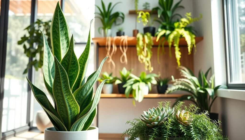 A serene indoor setting showcasing a variety of sustainable plants in a modern, eco-friendly home. In the foreground, a large potted snake plant and a small succulent arrangement with diverse textures and greens. The middle ground features a stylish wooden shelf with hanging air plants and vibrant ferns cascading down. Through a wide window in the background, natural light floods in, highlighting the rich colors and fresh feel of the greenery. Soft, diffused sunlight creates gentle shadows, enhancing the tranquil atmosphere. The scene conveys a sense of harmony and well-being, inviting viewers to appreciate the beauty of sustainable plant choices in enhancing indoor spaces.