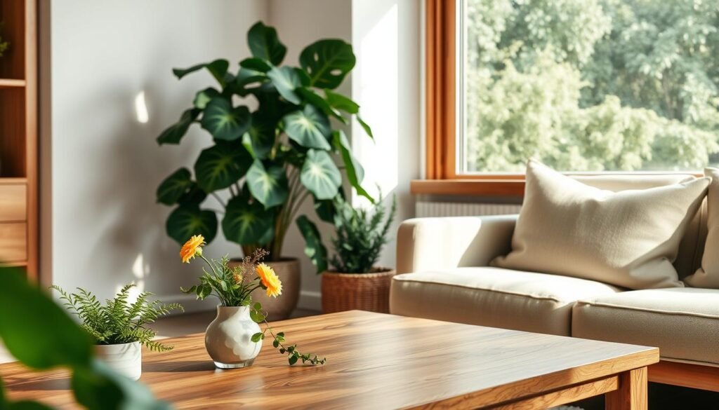 A serene indoor space featuring lush green plants harmoniously integrated with warm wooden elements. In the foreground, a beautifully styled wooden coffee table adorned with a small potted fern and a delicate ceramic vase holding fresh, vibrant flowers. The middle ground showcases a large leafy houseplant, such as a fiddle leaf fig, placed beside a soft, inviting armchair upholstered in neutral fabric. In the background, natural light filters through a large window, casting gentle shadows and creating a calming atmosphere. Soft, earthy tones dominate the scene, emphasizing the tranquil connection between nature and interior design. The composition should feel spacious yet cozy, inviting the viewer to envision a peaceful retreat in their own home.