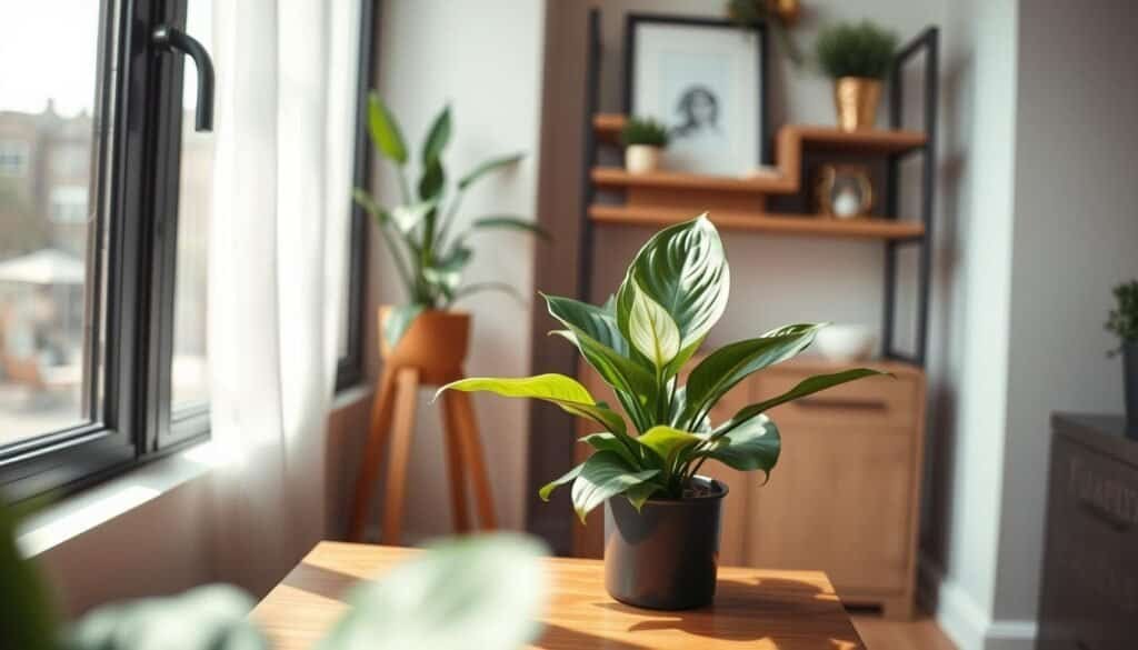 A serene interior corner featuring a single flourishing houseplant, such as a peace lily or snake plant, set on a wooden side table. The foreground includes the detailed textures of the plant’s green leaves, vibrant and healthy. In the middle ground, soft natural light streams through a nearby window, casting gentle shadows and creating an inviting atmosphere. The background showcases tastefully decorated shelves with minimalistic décor, promoting a calm ambiance. The overall composition conveys tranquility, with warm, cozy tones and an airy, well-lit environment. Captured with a slight overhead angle and a focus on the plant, the image reflects a peaceful, grounded corner ideal for relaxation.