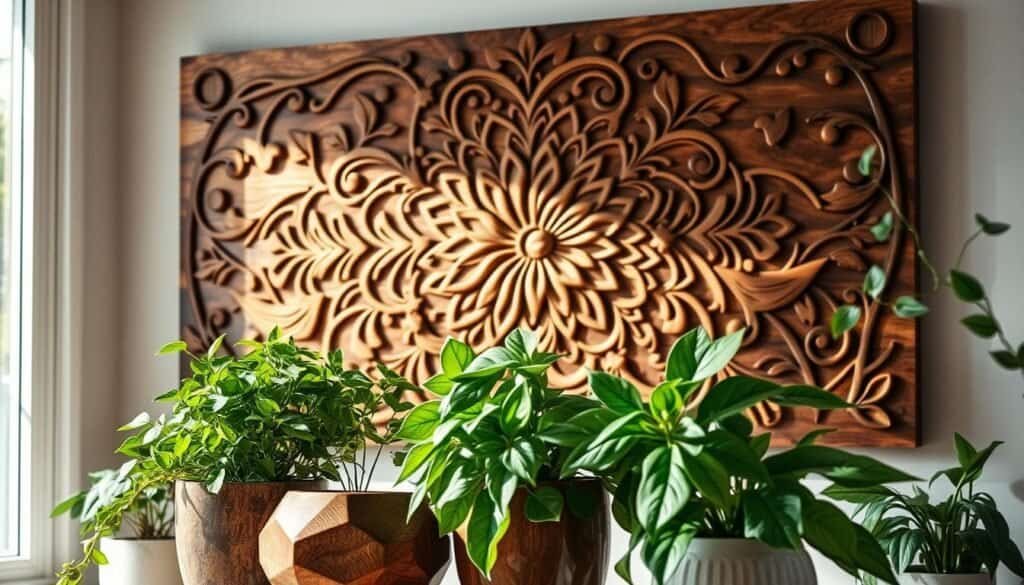 A serene interior scene featuring a beautifully crafted wooden wall art piece, showcasing intricate patterns carved into rich, natural wood. The foreground displays a stylish arrangement of vibrant greenery in elegant ceramic pots, complementing the wooden texture. In the middle ground, soft natural light filters through a nearby window, casting gentle shadows and highlighting the warm tones of the wood. In the background, subtle hints of indoor plants weave around the decor, enhancing the earthy ambiance. The overall mood is calming and grounded, perfect for a softer, nature-inspired space. The composition is captured at eye level, with a focus on the textures of both the wooden art and the lush greenery, creating a harmonious balance between craftsmanship and nature.