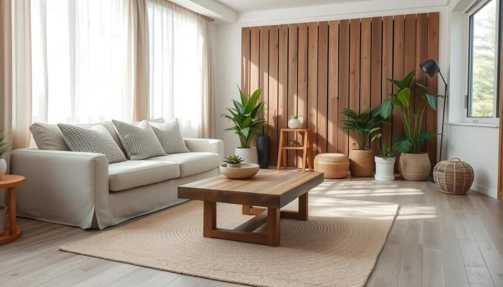 A serene interior scene showcasing a living room characterized by natural elements and a neutral design palette. In the foreground, a cozy, soft beige sofa adorned with textured light gray cushions sits beside a rustic wooden coffee table topped with a small potted succulent and a neutral-toned decorative bowl. The middle of the room features a woven area rug in muted earth tones, echoing the natural aesthetic. To one side, large windows allow gentle, diffused sunlight to filter through sheer linen curtains, casting soft shadows and creating an atmosphere of tranquility. In the background, a wall adorned with vertical wooden planks and green indoor plants adds depth and connects with the outdoors. The overall mood is calm, refreshing, and inviting, emphasizing simplicity and harmony with nature.