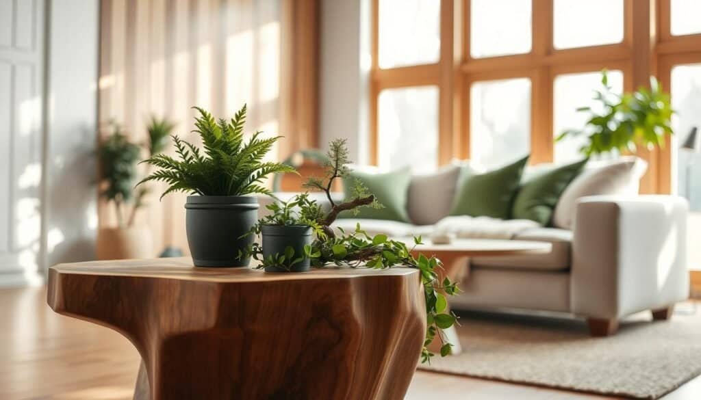 A serene interior scene showcasing the harmony of wood and greenery. In the foreground, a beautifully crafted wooden accent table with a rich, natural grain is adorned with a potted fern and a small bonsai tree. The middle ground features an inviting sofa in soft, neutral tones, complemented by green throw pillows that echo the lush plants. In the background, large windows allow soft, diffused sunlight to pour in, illuminating the space and casting gentle shadows. The atmosphere is warm and grounded, evoking a sense of tranquility and connection to nature. The lens captures a slightly elevated angle that highlights the interplay of textures between the wood and foliage, creating a cohesive, homely aesthetic.