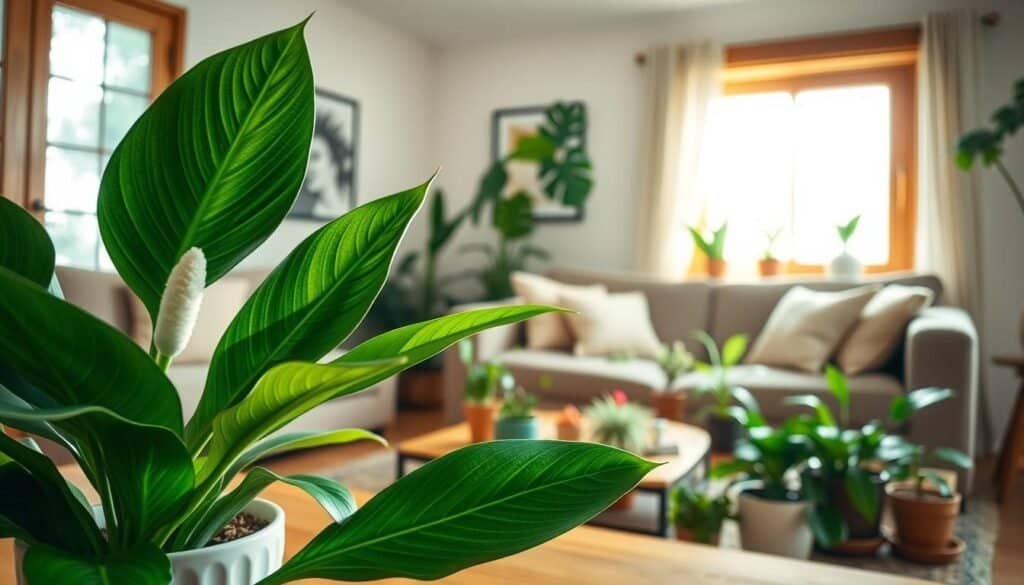 A serene interior scene showcasing the transformative power of plants in a living room. In the foreground, a lush, vibrant peace lily in a stylish ceramic pot, its green leaves contrasting with the warm wooden table beneath. In the middle ground, a cozy couch adorned with soft pillows, surrounded by various smaller potted plants, radiating energy and life. The background features a window with sunlight streaming in, illuminating the space and creating a warm, inviting atmosphere. The overall mood is calming and uplifting, emphasizing the calming effect of greenery. Natural light enhances the textures of the wood and foliage. The angle is slightly elevated, capturing the entire setup harmoniously without any clutter or distractions.