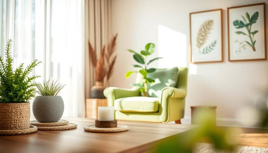 A serene interior space featuring nature-inspired decor. In the foreground, a cozy, wooden coffee table showcasing an arrangement of potted plants, textured fabric coasters, and a small, rustic candle holder. In the middle, a soft, inviting armchair in a fresh green fabric, positioned next to a window adorned with sheer, light-filtering curtains that let natural sunlight pour in. A large, leafy houseplant stands next to the armchair, adding a touch of vibrant greenery. In the background, soft, neutral-colored walls with botanical prints in elegant frames complement the nature theme. The atmosphere is warm and inviting, evoking a peaceful mood, captured with soft lighting and a slight bokeh effect, enhancing the tranquility of the space.